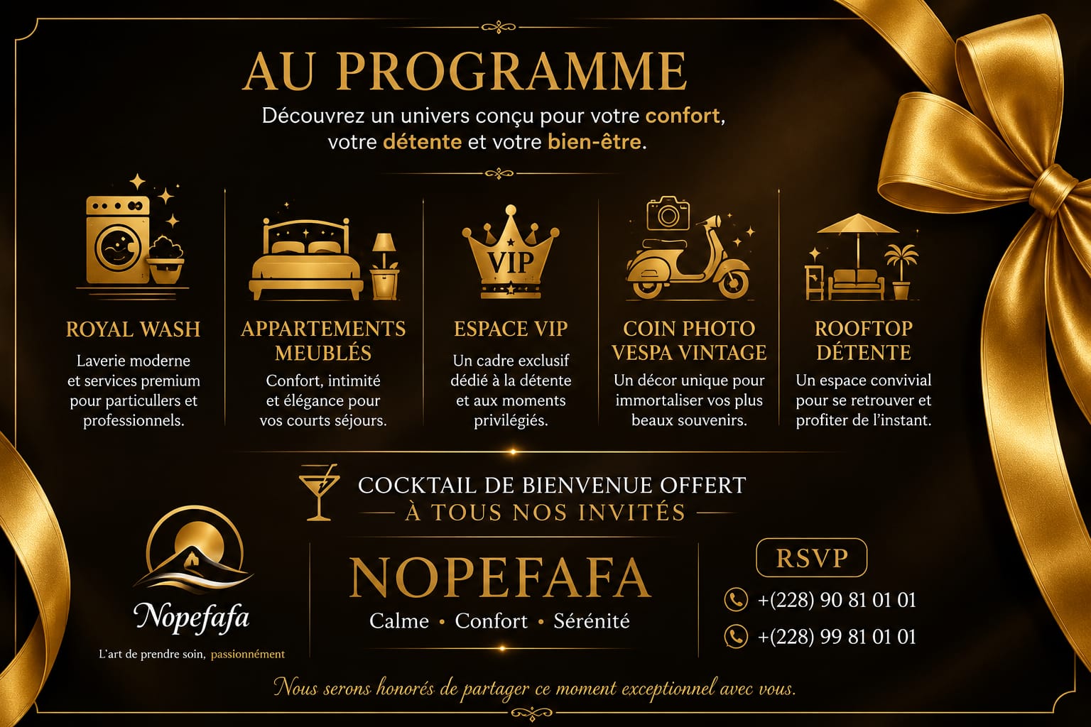 Programme de la soirée d'inauguration de Nopefafa et Royal Wash